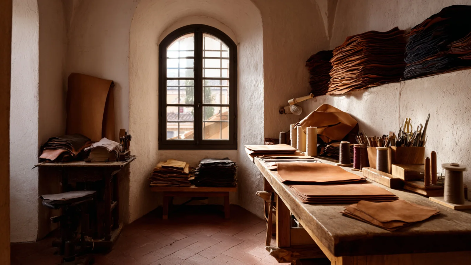The Eden atelier, a quiet workshop in Santa Croce with tools, stacked leather, and a single window