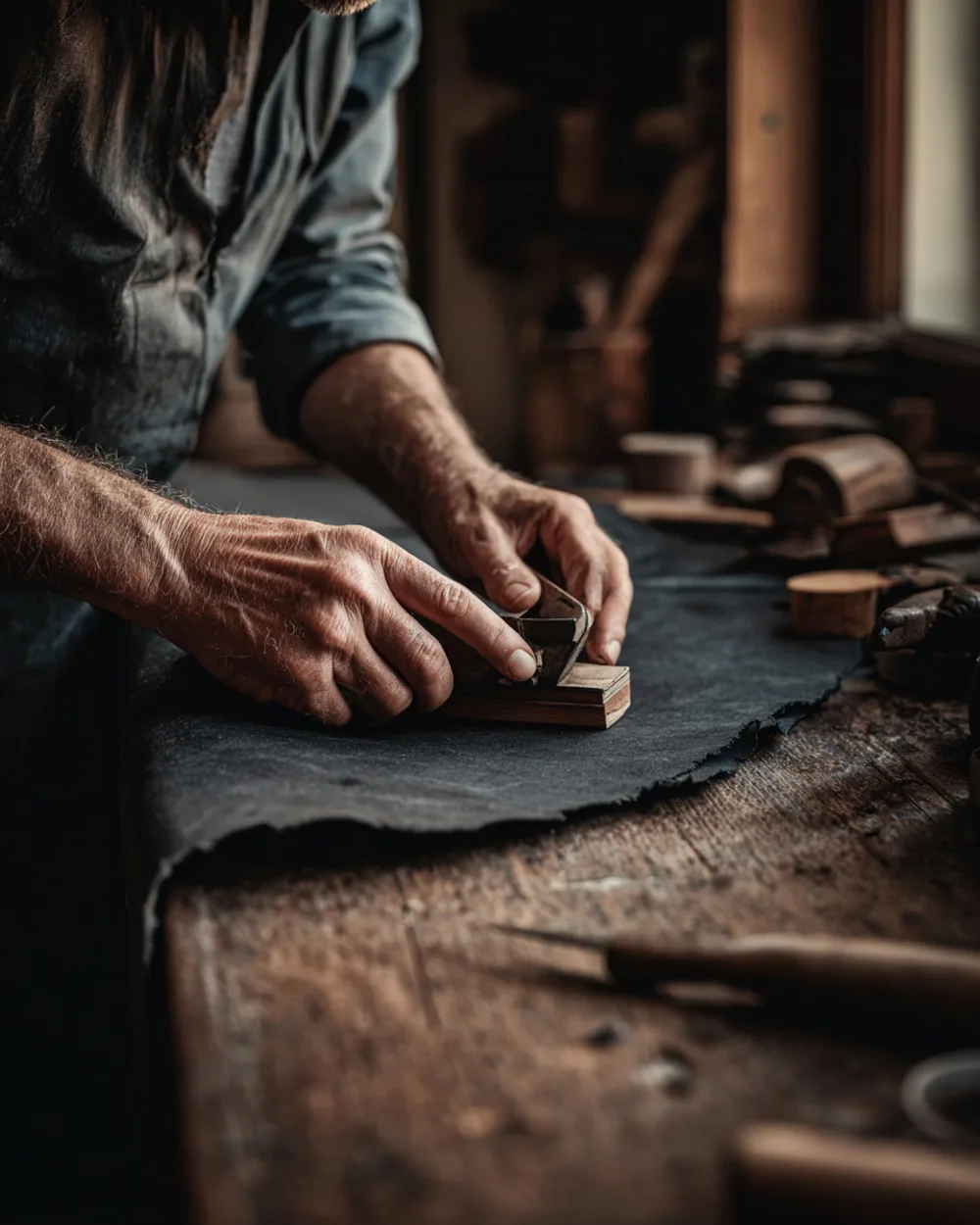 Weathered hands burnishing the edge of a piece of dark leather on a wooden workbench