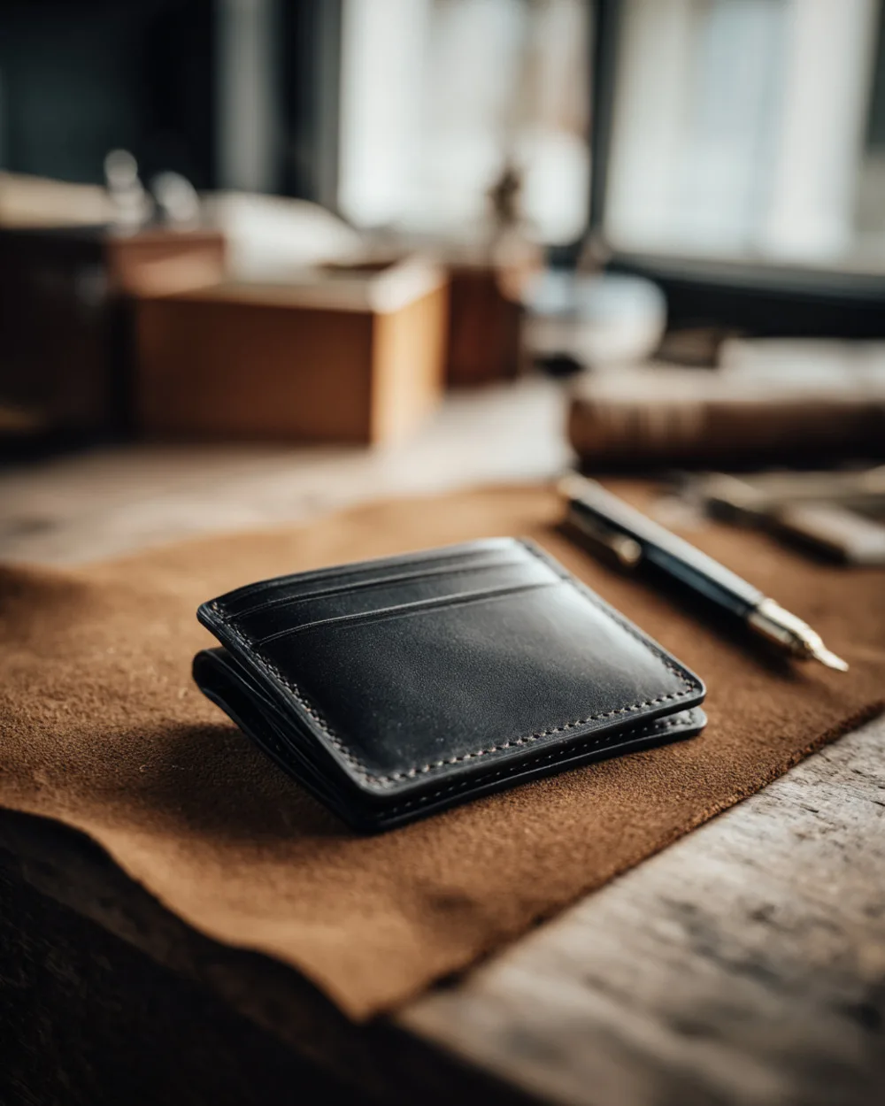The Nero bifold wallet in black calfskin, resting on a leather desk pad with a fountain pen