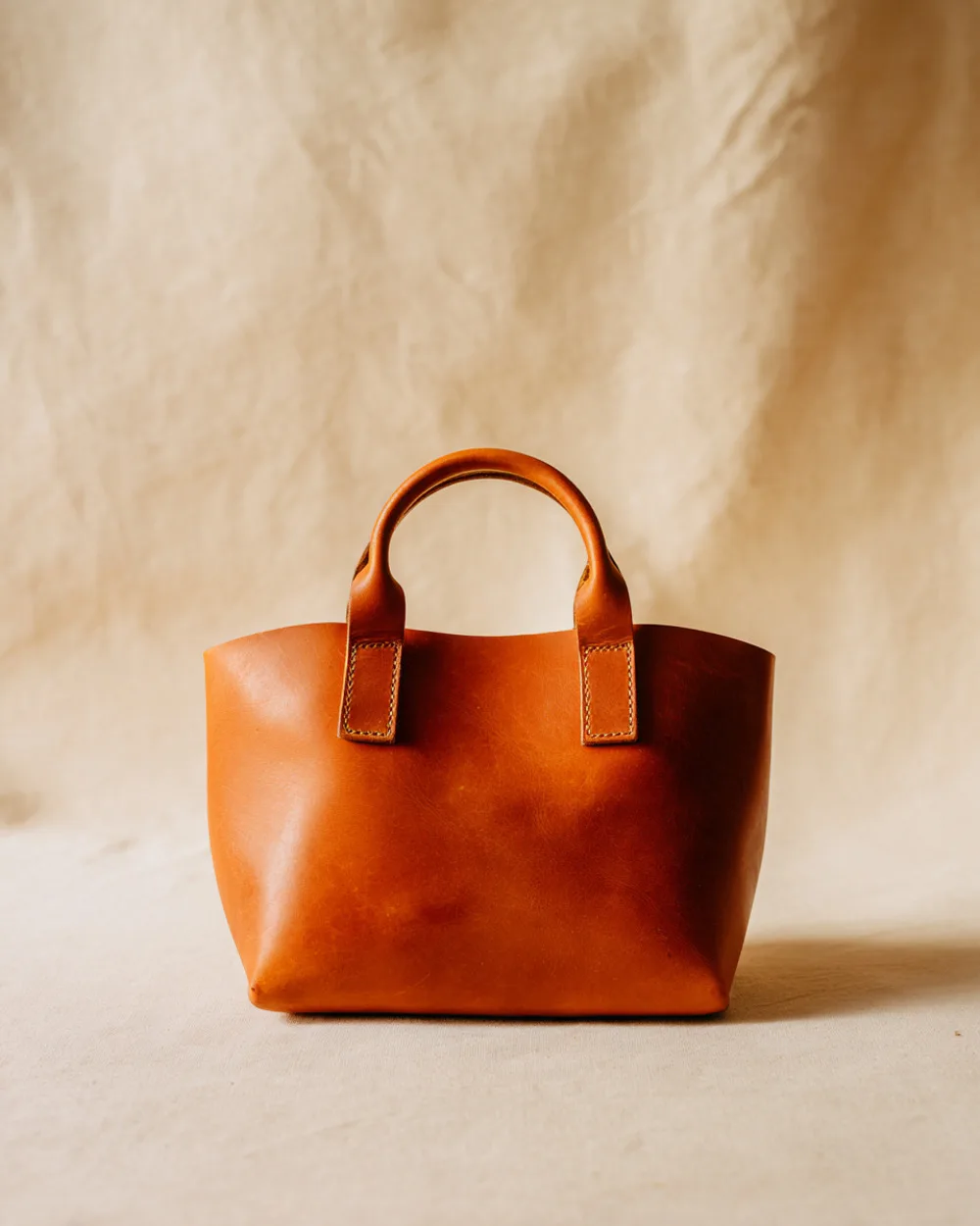 The Conte top-handle bag in warm tobacco calfskin against a cream backdrop